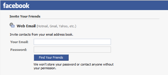 old facebook 'invite your friends' form asking for email and password